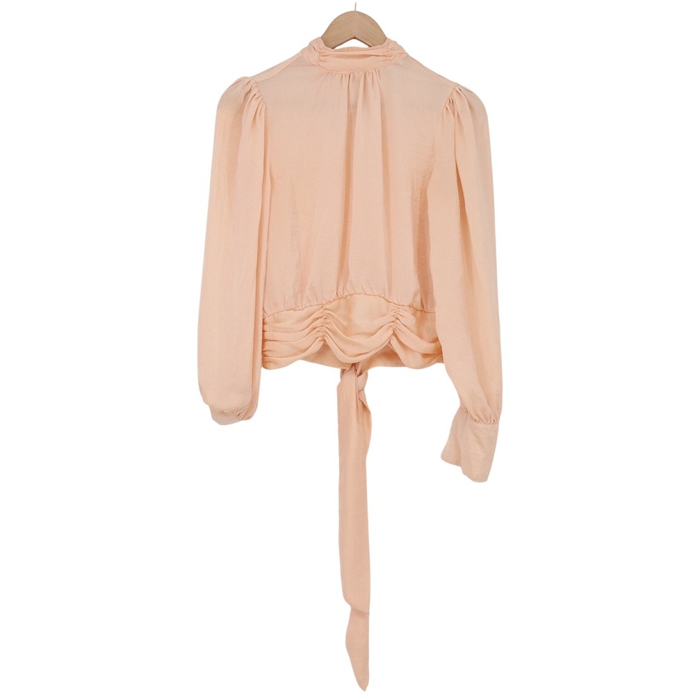 HYFVE Blouse Womens Medium Peach Long Puff Sleeve Tie Front Excellent
